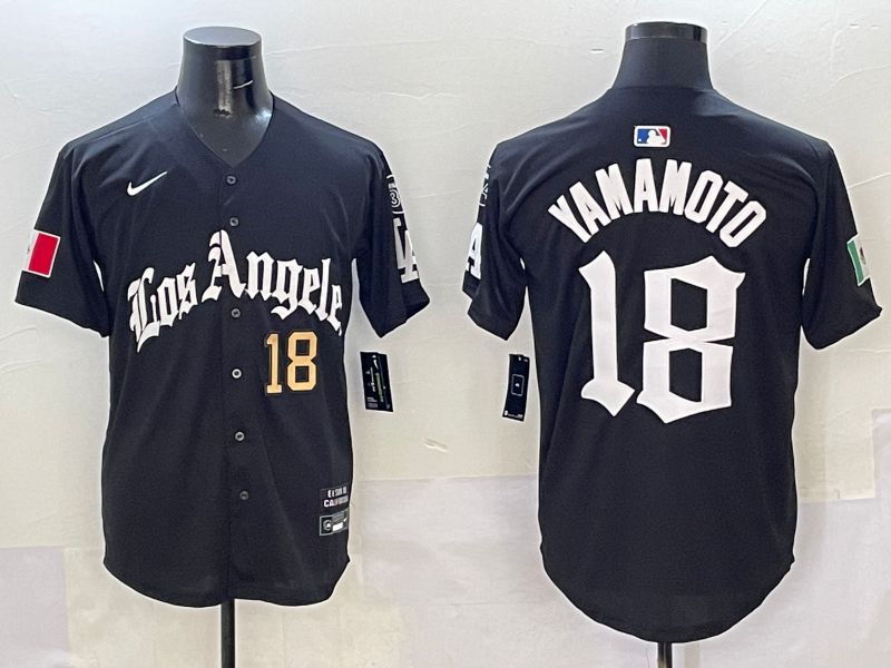 Men Los Angeles Dodgers 18 Yamamoto Black Five generations Joint Name 2025 Nike MLB Jersey style 4